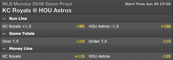 Bet365 MLB Betting Lines - Kansas City Royals vs Houston Astros
